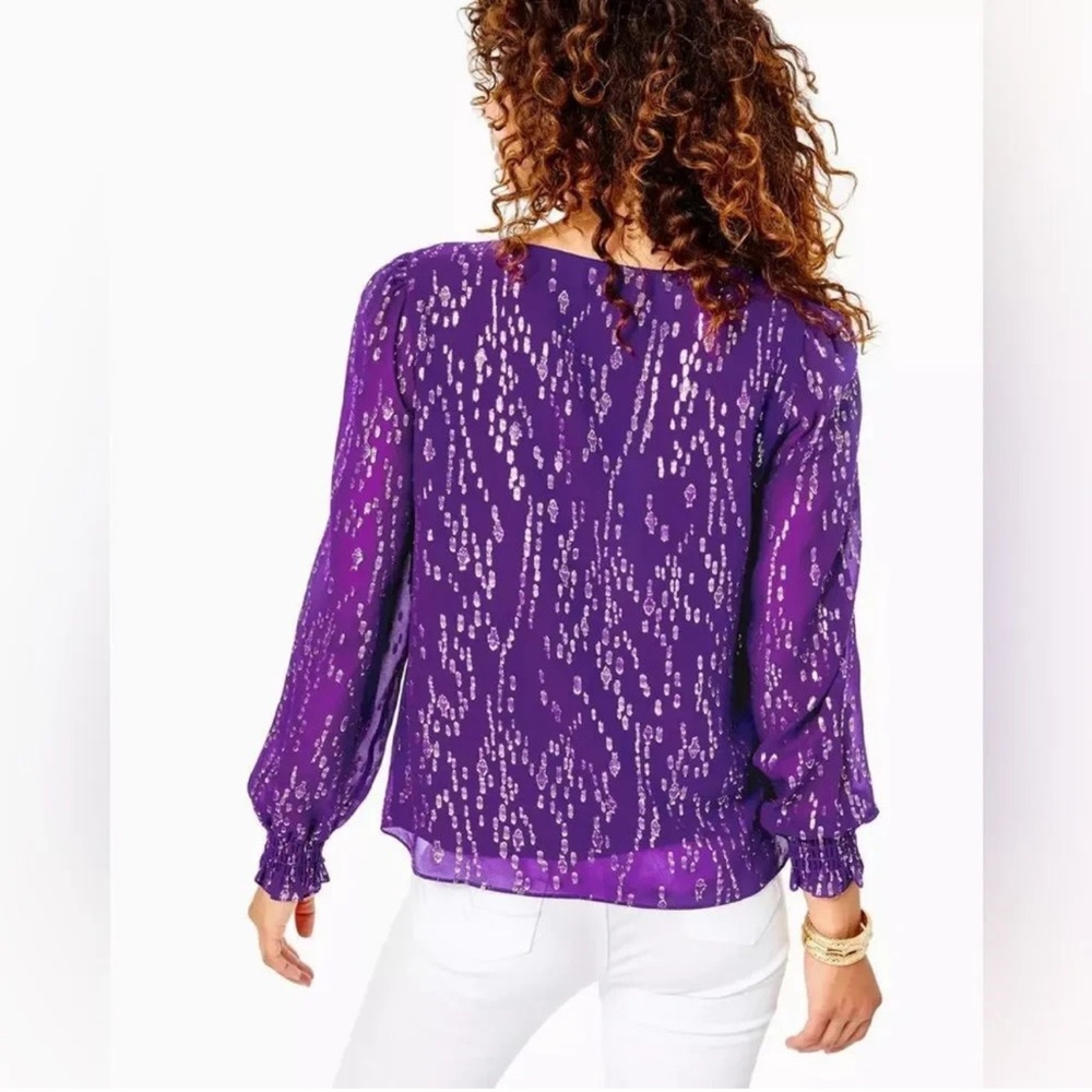 EUC Lilly Pulitzer Idina Long Sleeve Silk Top Purple Berry Fish Clip Chiffon - Picture 2 of 7
